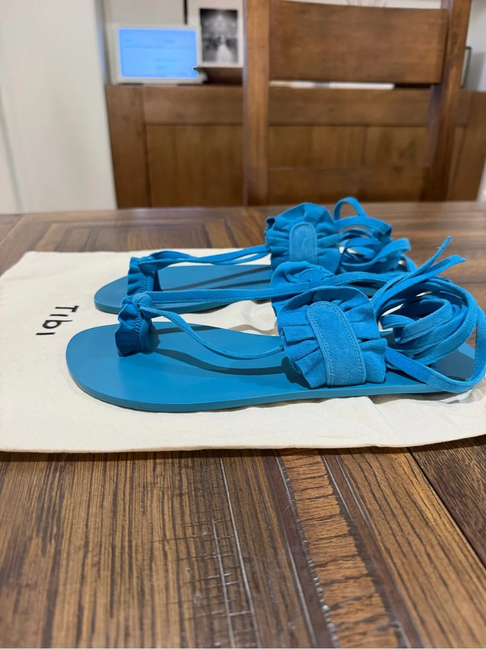 Tibi Amari Suede Sandal Azure Blue Lace-Up Flat Sz 40
